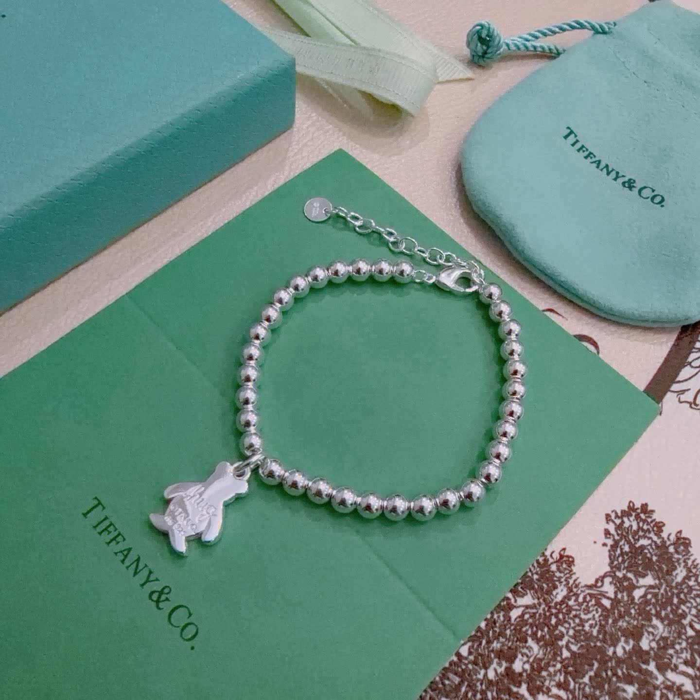 Tiffany & Co. Sterling Silver Beaded Bracelet with Huggy Bear Charm